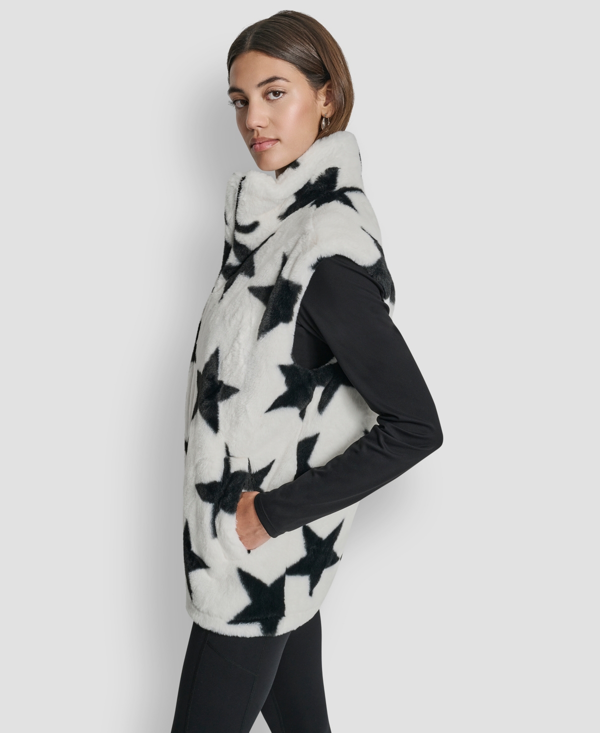 Dkny Women's Star Print Faux Fur Vest In White