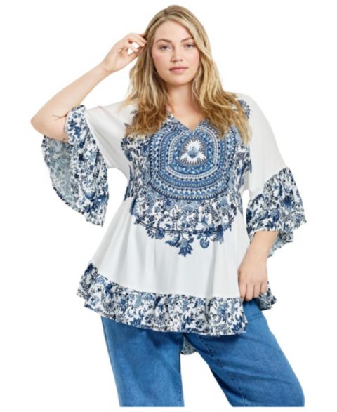 Женский топ Avenue Plus Size Frankie Frill Detail Tunic, цвет: Слоновая кость