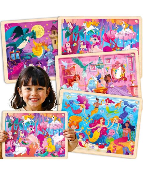 Детские игрушки Quokka Wooden Jigsaw 24-Piece 4-Puzzle Set, Ages 3+, цвет: Mermaids, Princesses