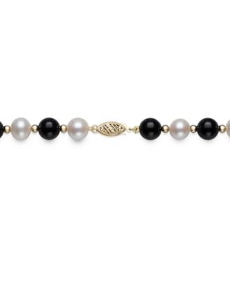 Freshwater Pearl (7.5-8.5mm), Black Onyx and Gold Bead Necklace in 10k Yellow Gold