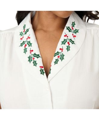 Plus Size 1940s Short Sleeve Collared Button Down Woven Blouse