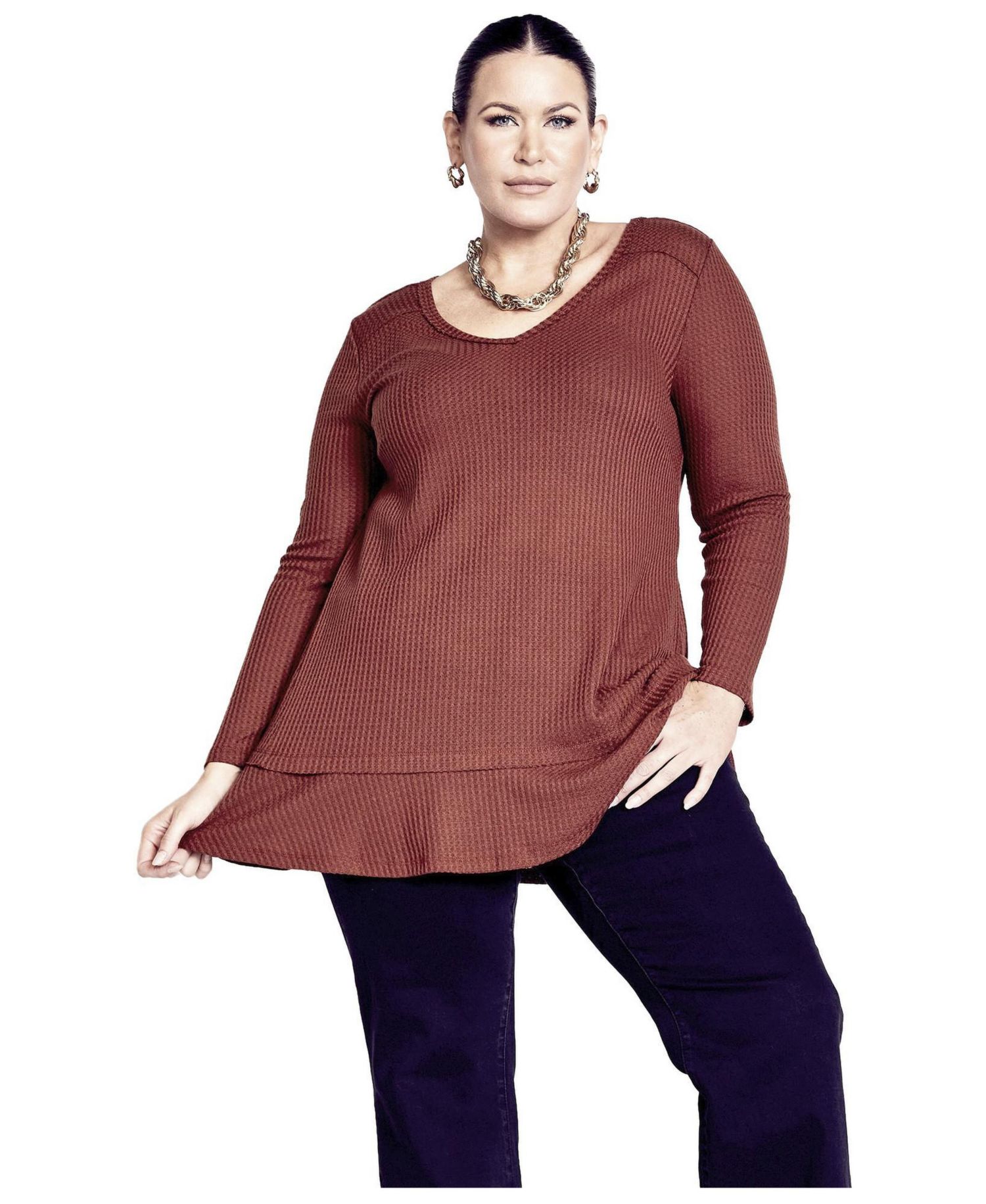 Women's Plus Size Waffle Ruffle Tunic