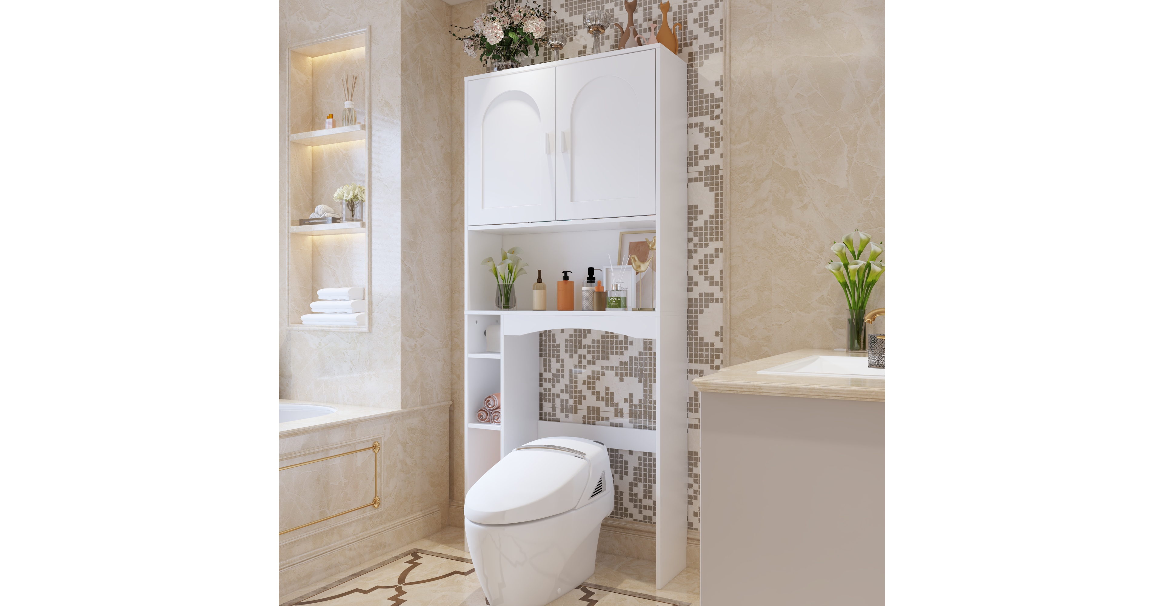 Toilet Storage Bathroom Space Saver with Doors Cabinet, Open Shelves