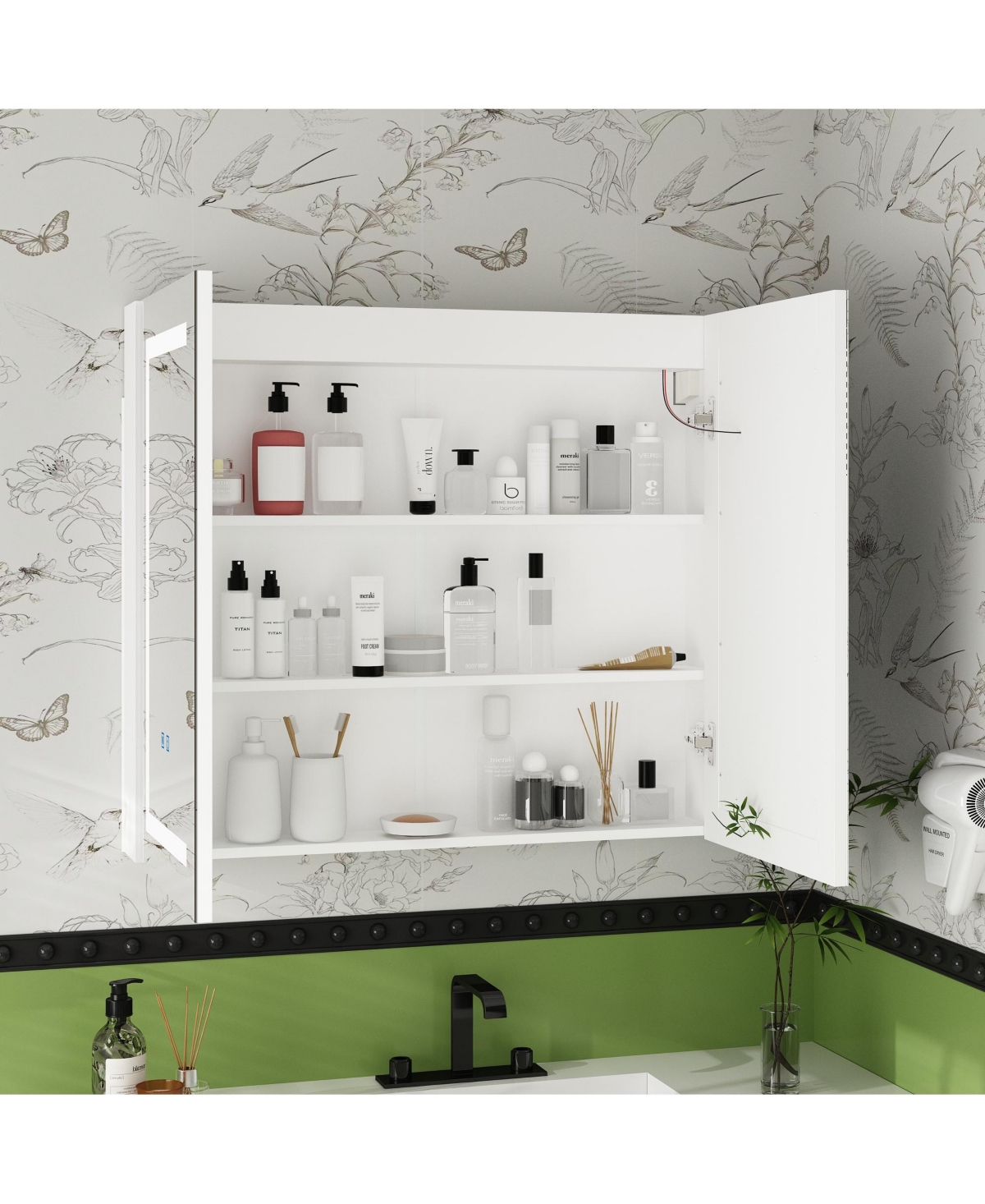 Bathroom Wall Cabinet with Mirror, Dimmable Lights, Frameless Surface Mount