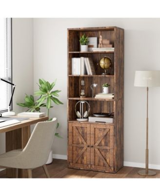 Tall Bookcase with Doors, 4-Tier Wooden Bookshelf
