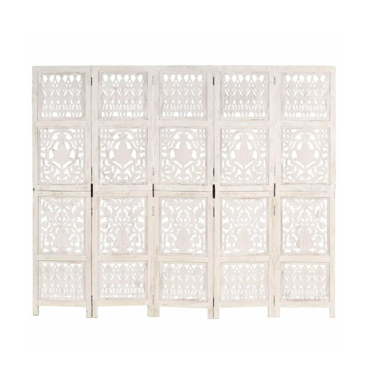 vidaXL Hand carved 5-Panel Room Divider White 78.7"x65" Solid Mango Wood