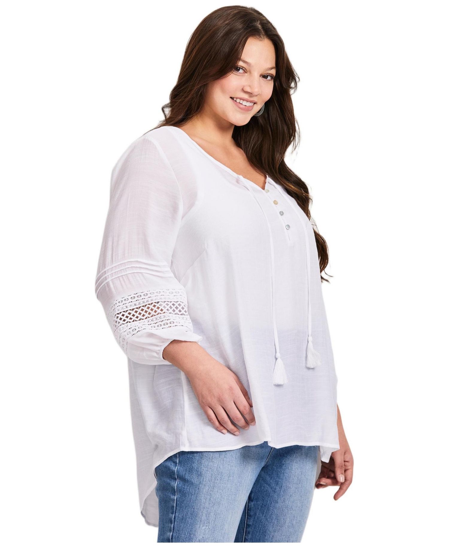 Women's Plus Size Pintuck Lace Peasant Top