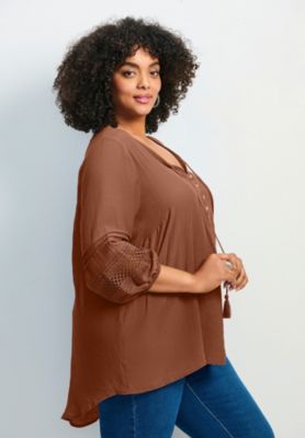Women's Plus Size Pintuck Lace Peasant Top