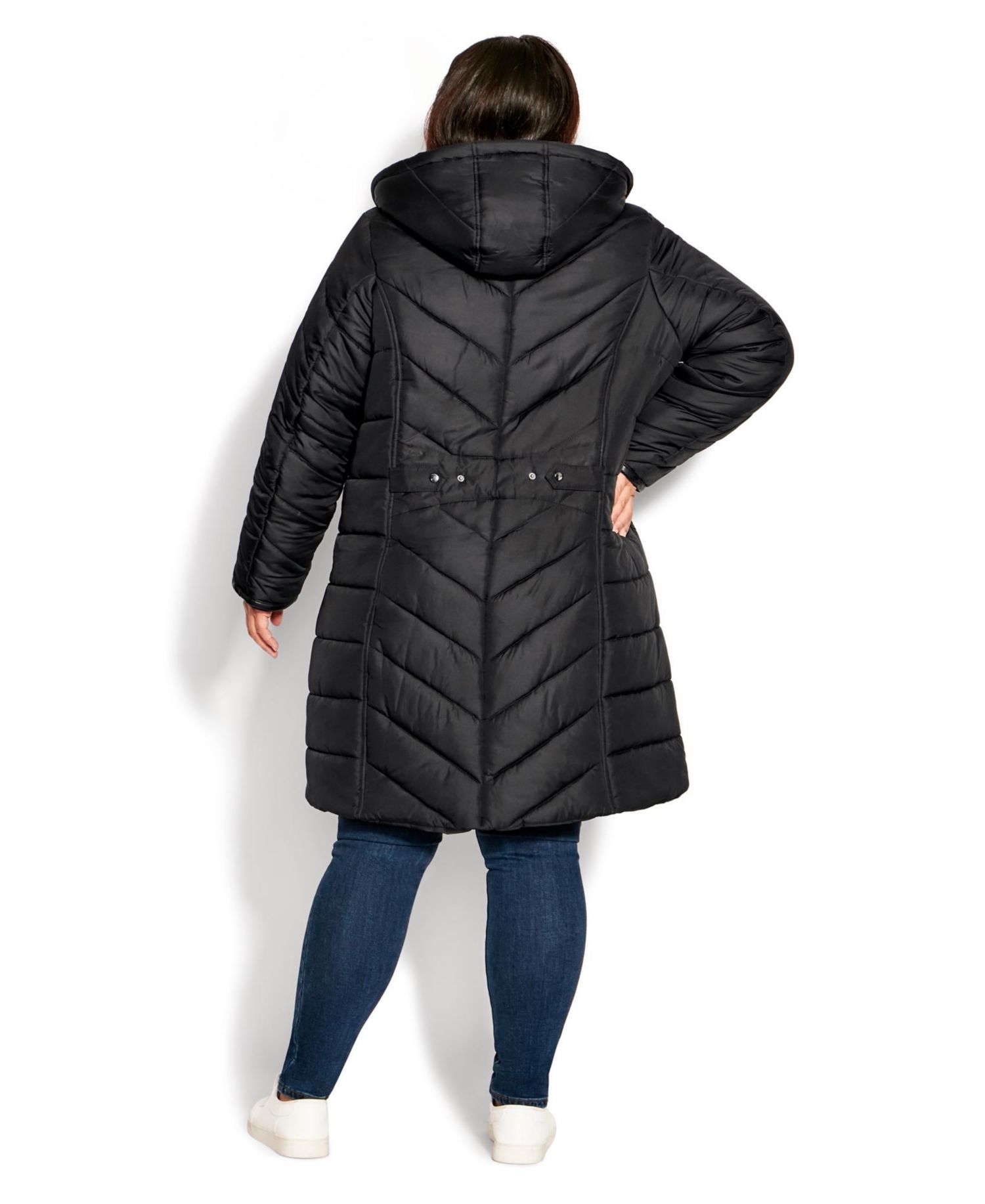 Women's Plus Size Chevron Long Puffer Coat with Faux Fur Hood