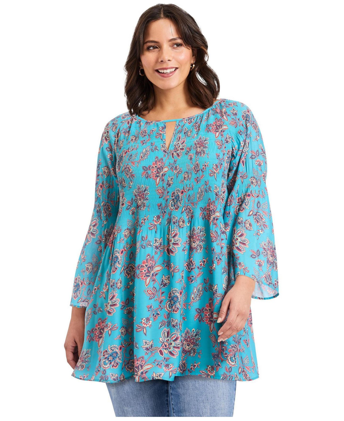 Женский топ Avenue Plus Size Keyhole Bell Sleeve Tunic, цвет: Аквамариновый с принтом — фото 1