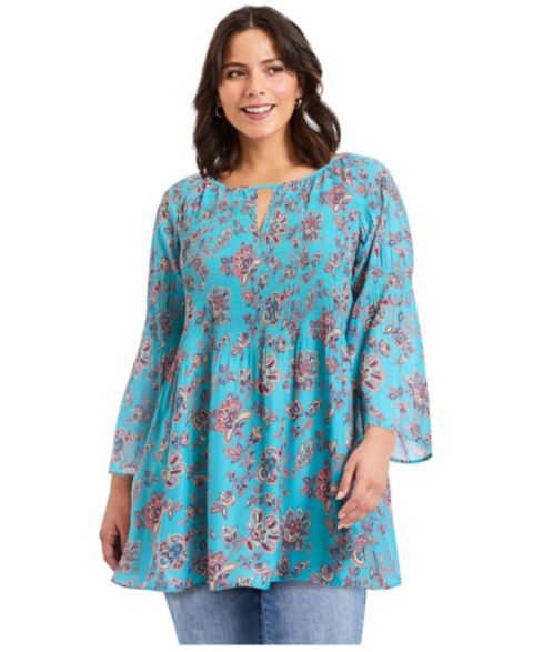 Женский топ Avenue Plus Size Keyhole Bell Sleeve Tunic, цвет: Аквамариновый с принтом