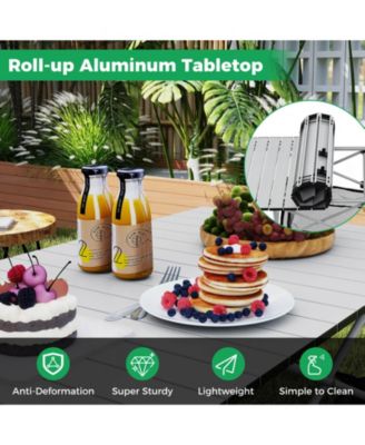 Patio Folding Camping Table with Aluminum Roll-up Tabletop & Mesh Basket