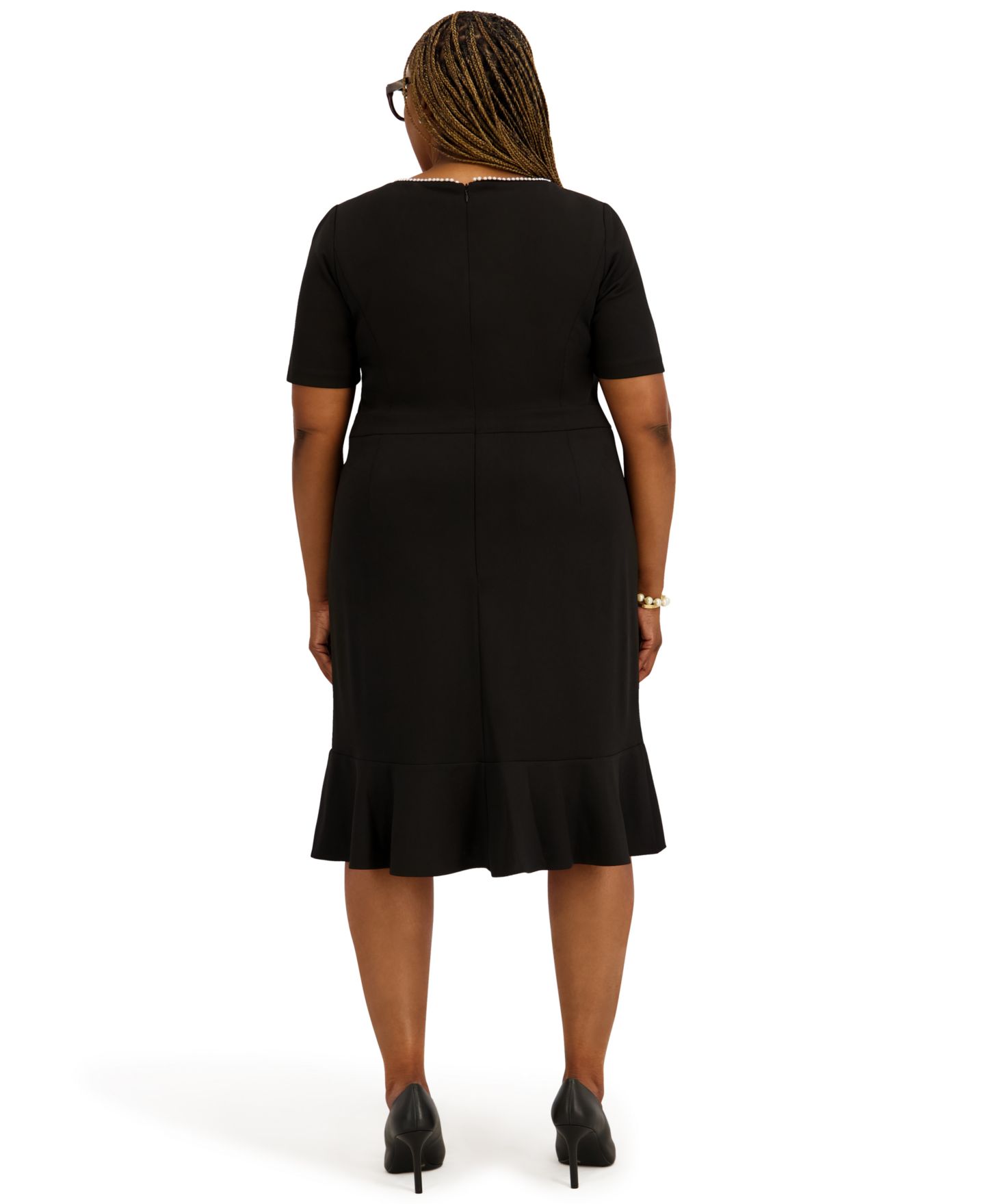 Женское платье Kasper Round Neck Knee Length Ruffle Skirt Dress, Regular and Plus Size, цвет: Чёрный — фото 5