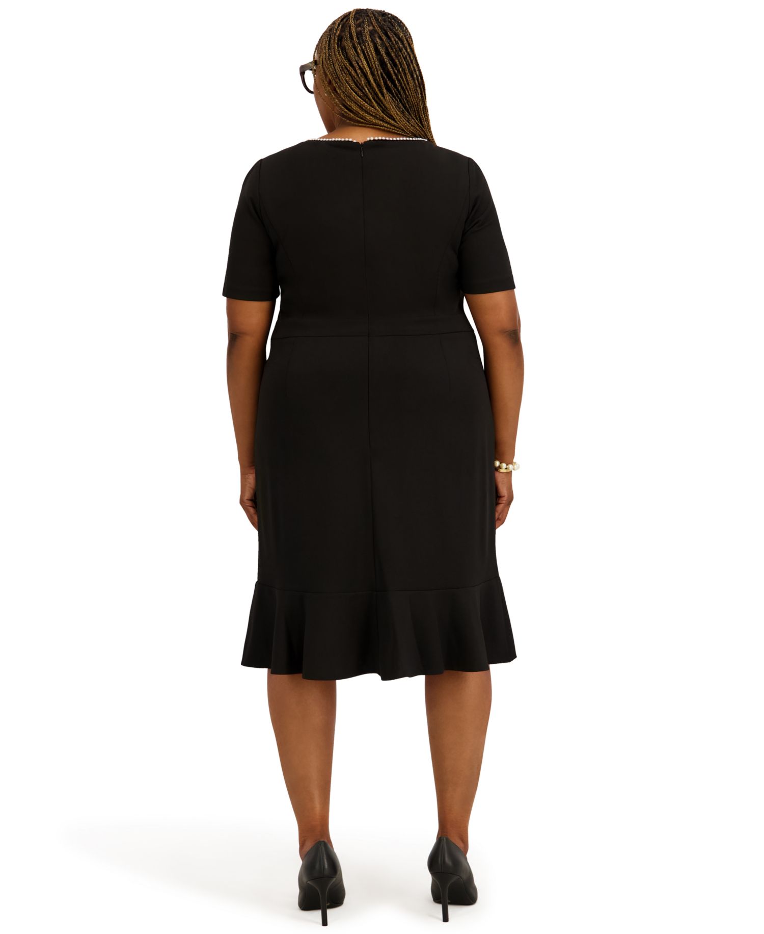 Women's Round Neck Knee Length Ruffle Skirt Dress, Regular and Plus Size