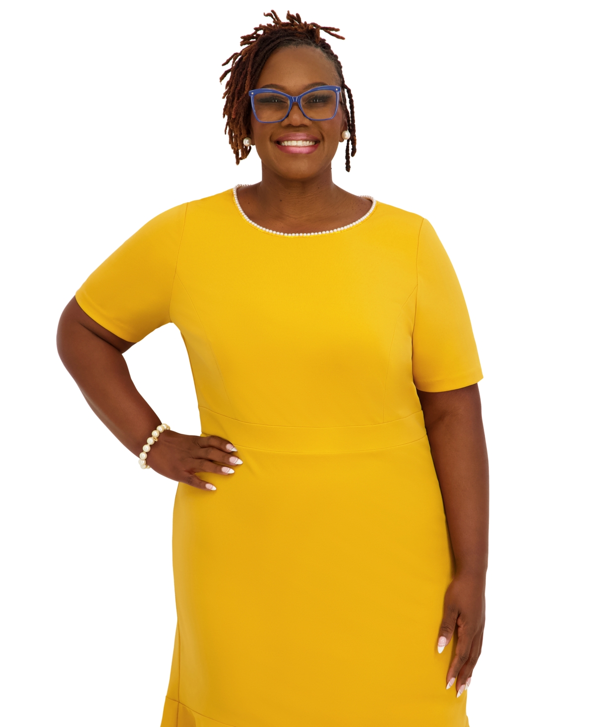 Kasper Women's Round Neck Knee Length Ruffle Skirt Dress, Regular and Plus