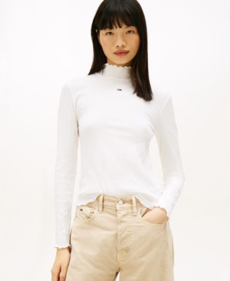 Women's Slim Ribbed Lettuce Edge Mock Neck Top