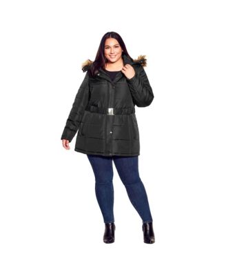 Women's Plus Size Belted Hood Puffer Coat