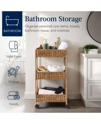 3-Tier Water Hyacinth Rolling Utility Cart w/ Weaved Baskets