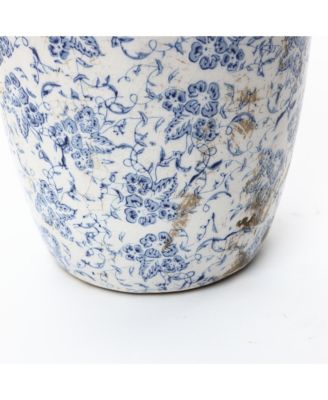 Vintage Blue Floral Vase with Handles, Decorative Ceramic Jar for Farmhouse Decor