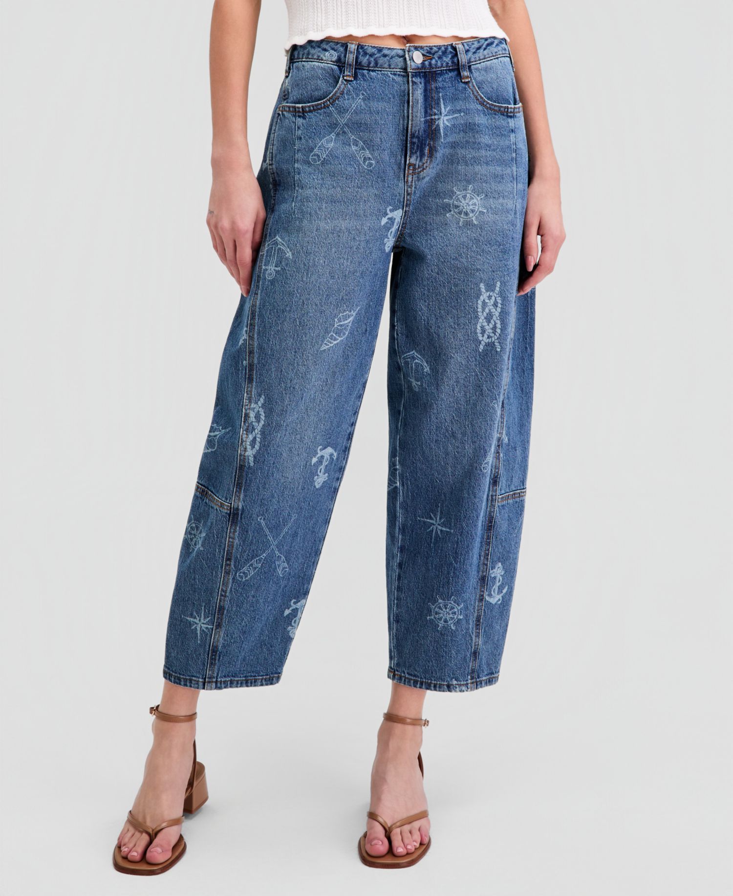 Women's Nautical Print Barrel-Leg Jeans
