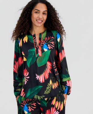 Women's Floral-Print Split-Neck Piping Blouse