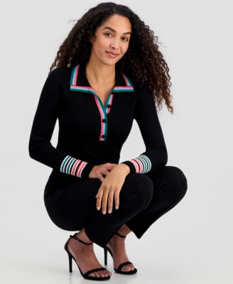 Women's Striped-Trim Collared Button Top