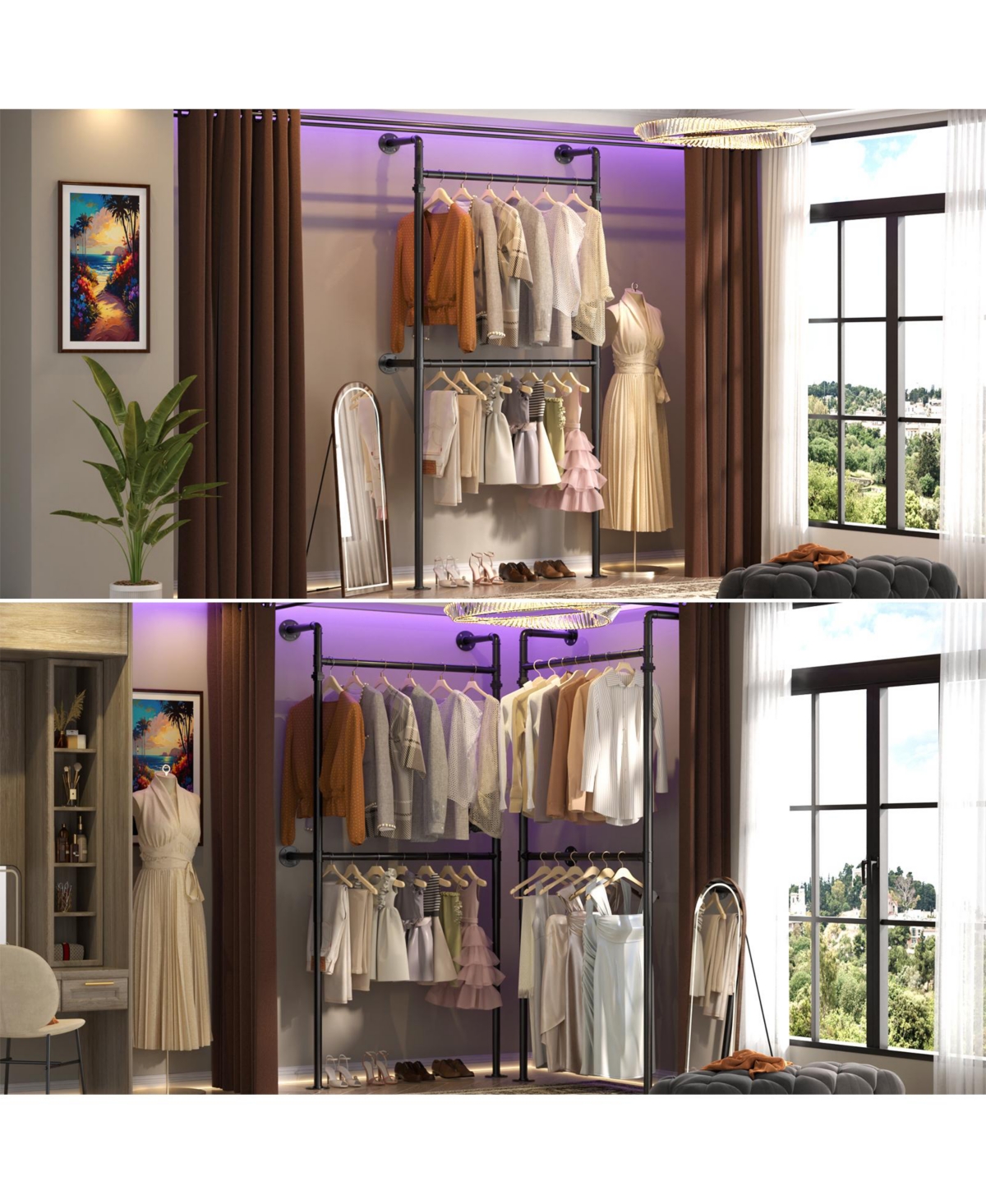 Aheaplus 3.5-13.5 Ft Reversible Wall Mounted Industrial Metal Pipe Clothing Rack for Hanging Clothes