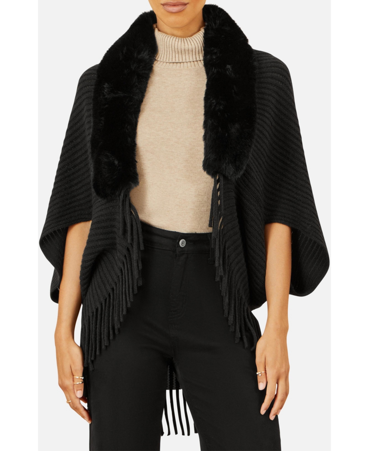 Yumi Women's Fur Collar Shrug With Tassel Hem