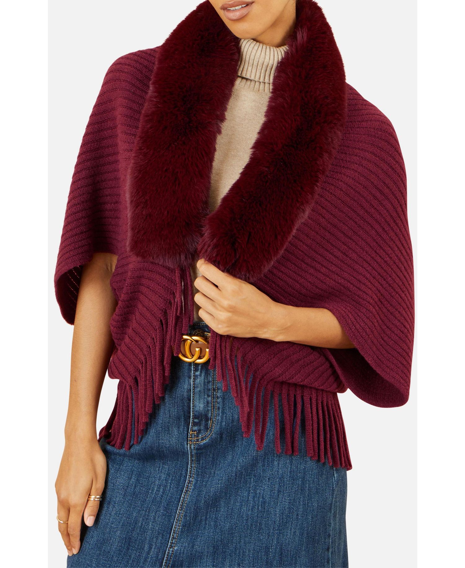 Women's Fur Collar Shrug With Tassel Hem