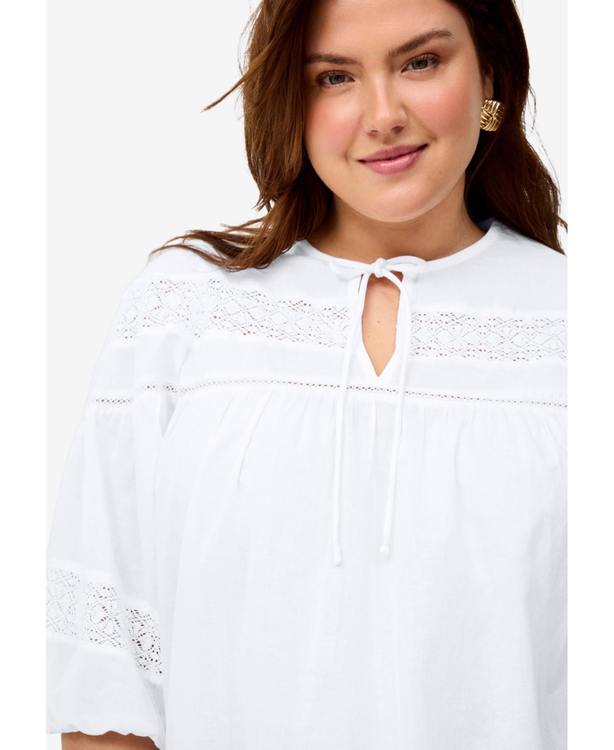 ellos Women's Keyhole Neck Blouse With Crochet Trim