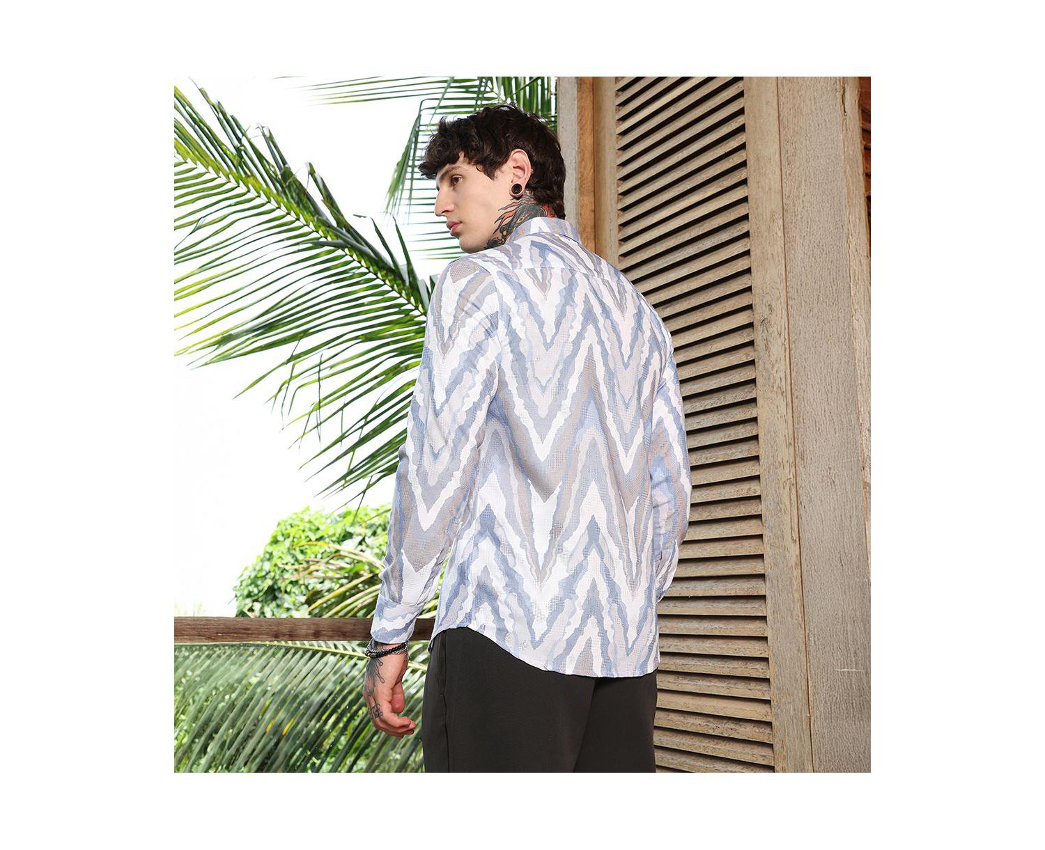 Men's Icy Blue:Cream White Pastel-Geometric Jacquard Shirt