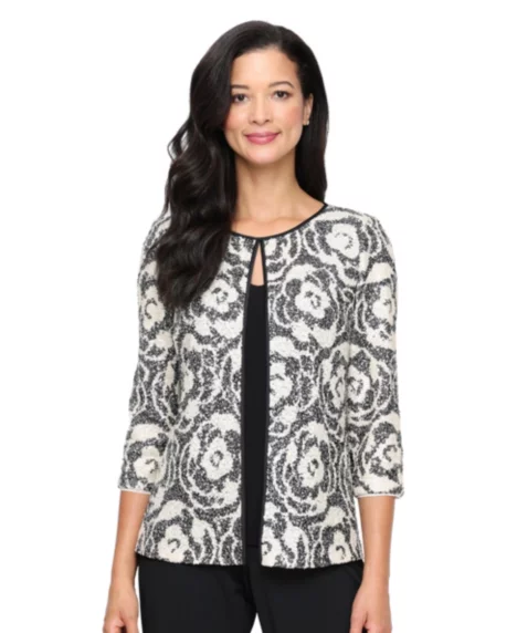 Petite 3/4-Sleeve Patterned Top and Jacket, 2-Piece Set - Black Ivory