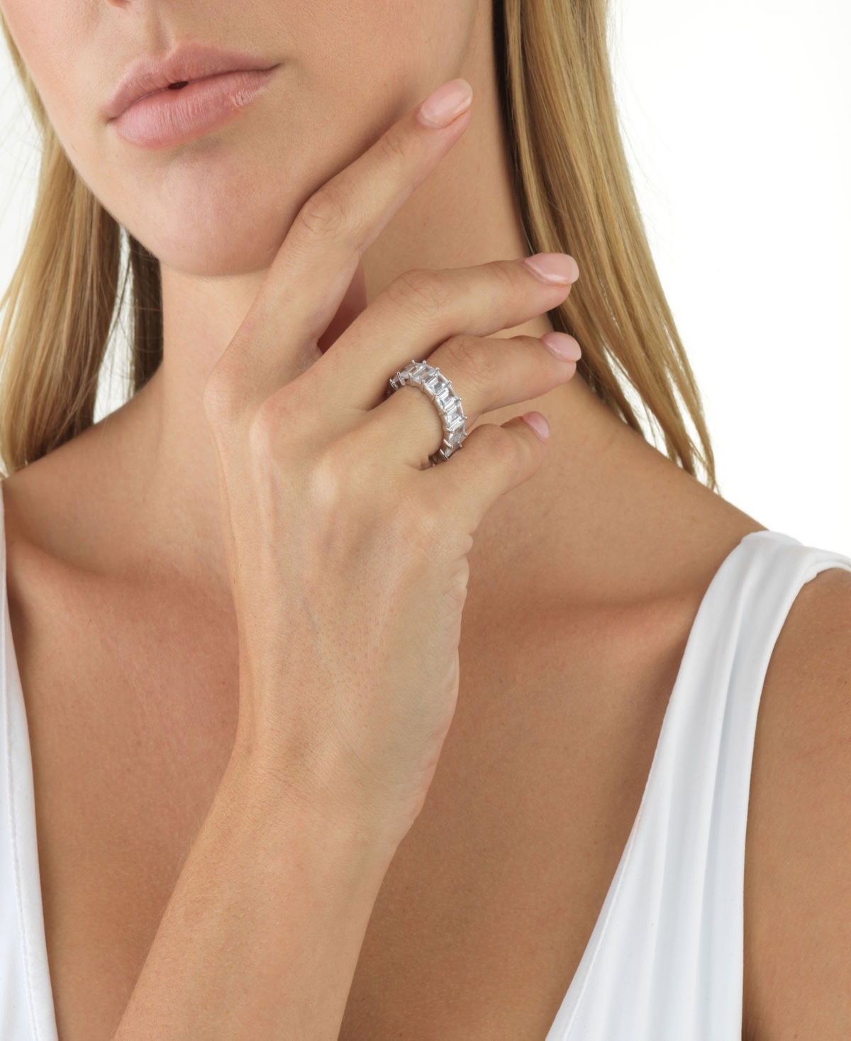 by Adina Eden Rhodium Plated Emerald Cut Eternity Band Ring