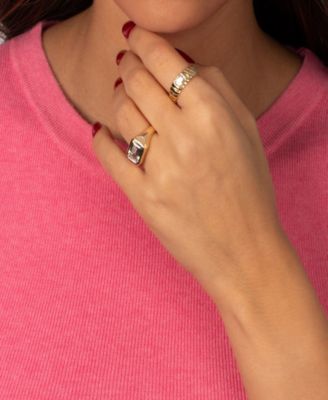 Cubic Zirconia Bezel Gold Plated Asscher Ridged Band Ring