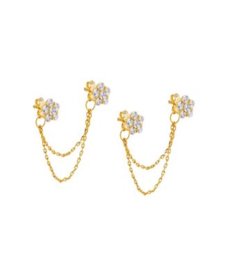 by Adina Eden Cubic Zirconia Gold Plated Double Flower Chain Stud ...