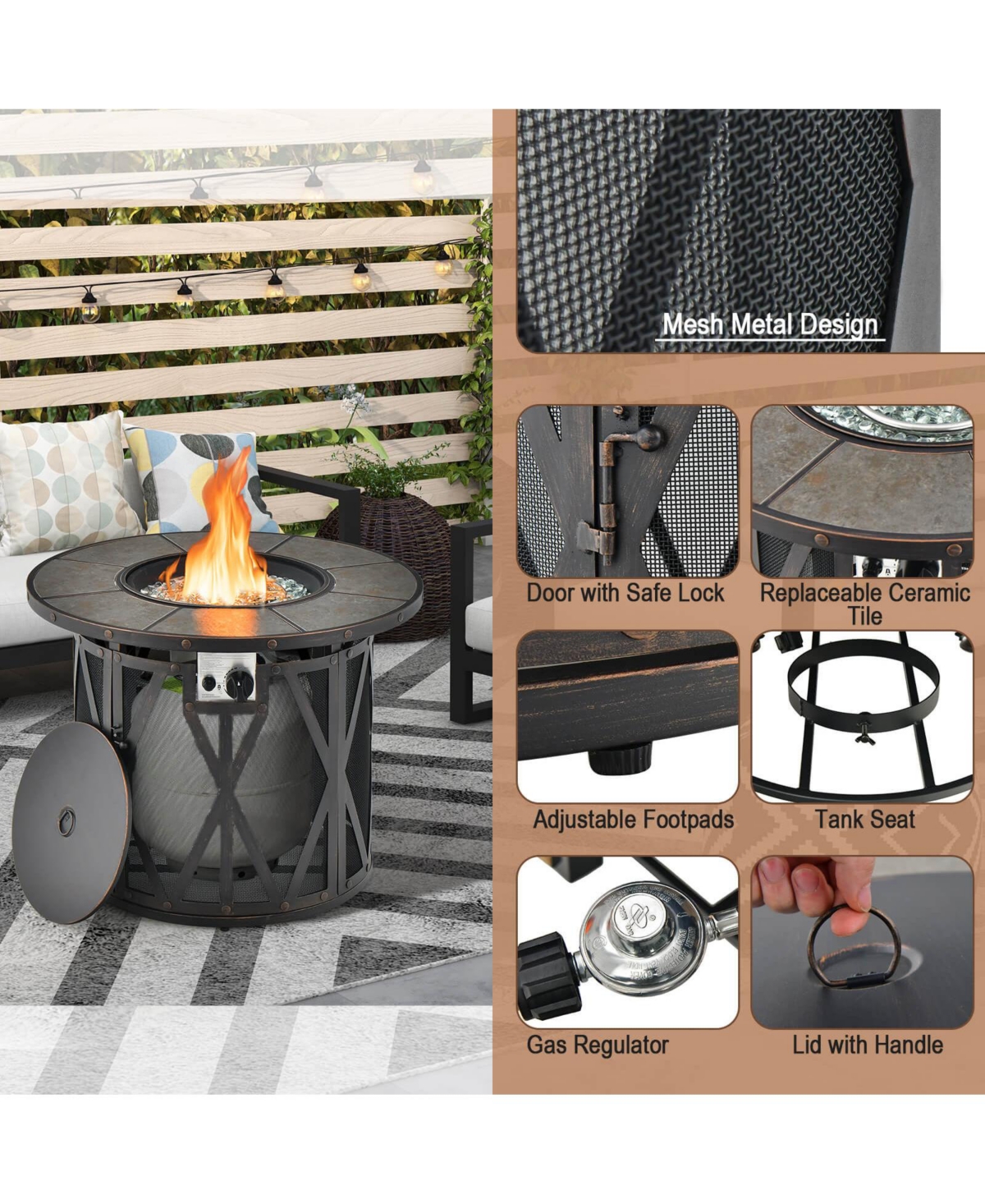Mecale 32 Inch Patio Round Fire Pit Table, 30,000 Btu Propane Gas Fire Table with Fire Glasses and Pvc Cover