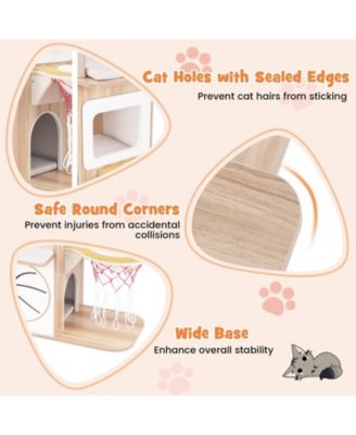 47 Inches Wooden Cat Tree with 2-Story Cat Condo and Basketball Hoop Hammock