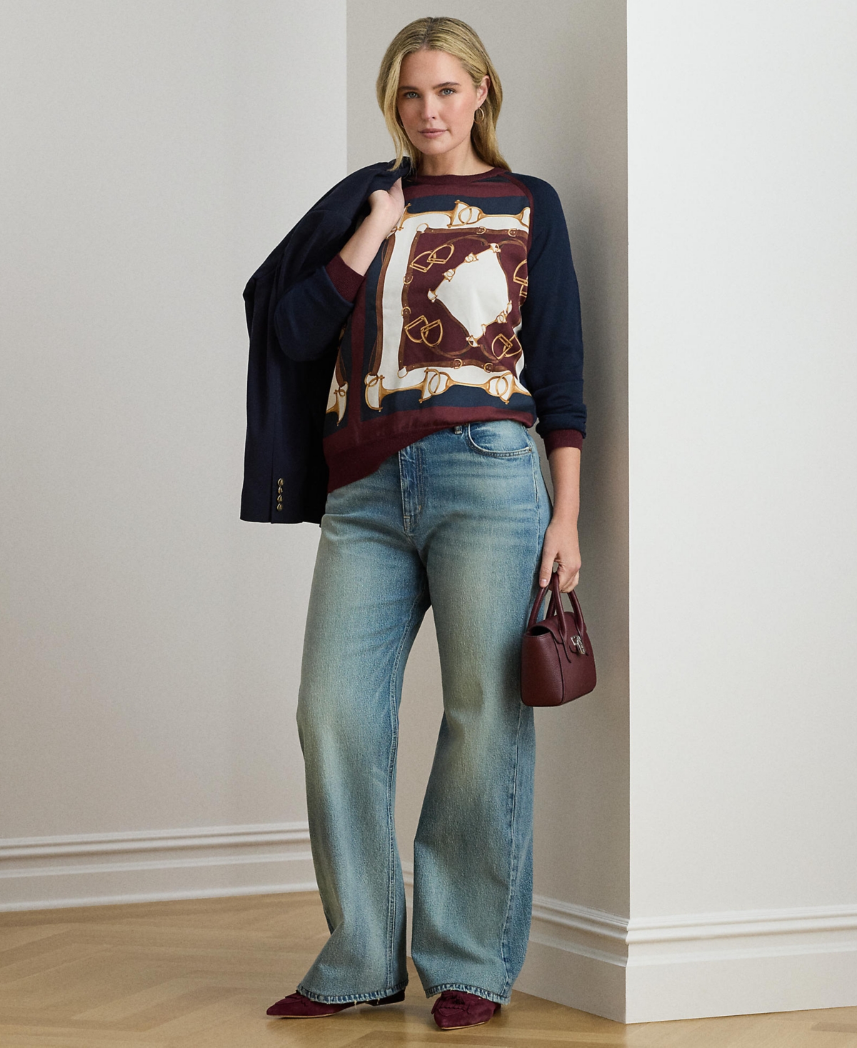 Ralph Lauren Plus Size Equestrian-print Long-sleeve Sweater In Black