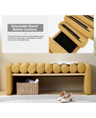 Modern Bench with Solid Wood and Removable Round Bolster Cushions
