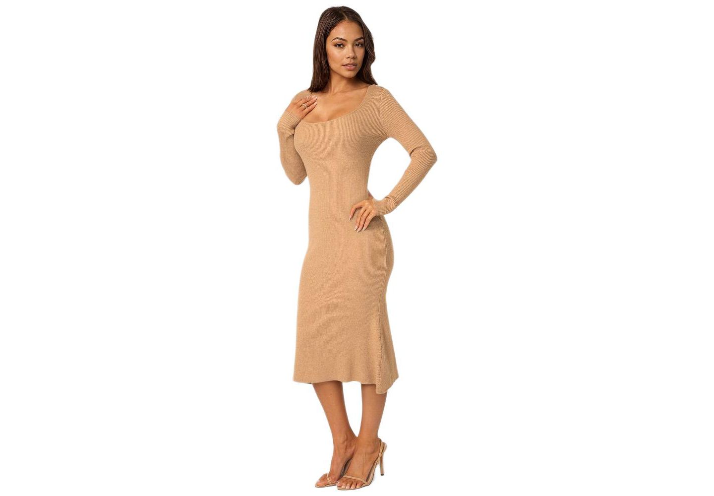 Женское платье Bebe Long Sleeve Scoop Neck Sweater Midi, цвет: Верблюжий — фото 2