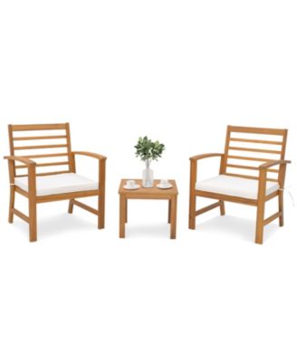 3PCS Furniture Set Acacia Wood Conversation Set w/ Soft Seat Cushions Outdoor White