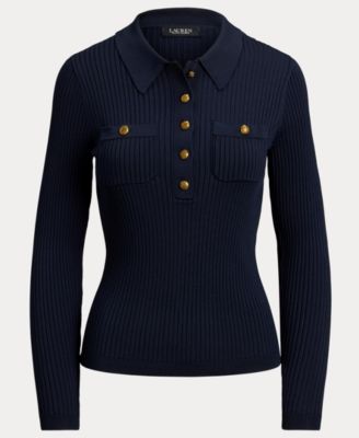 Women's Rib-Knit Long-Sleeve Polo Sweater