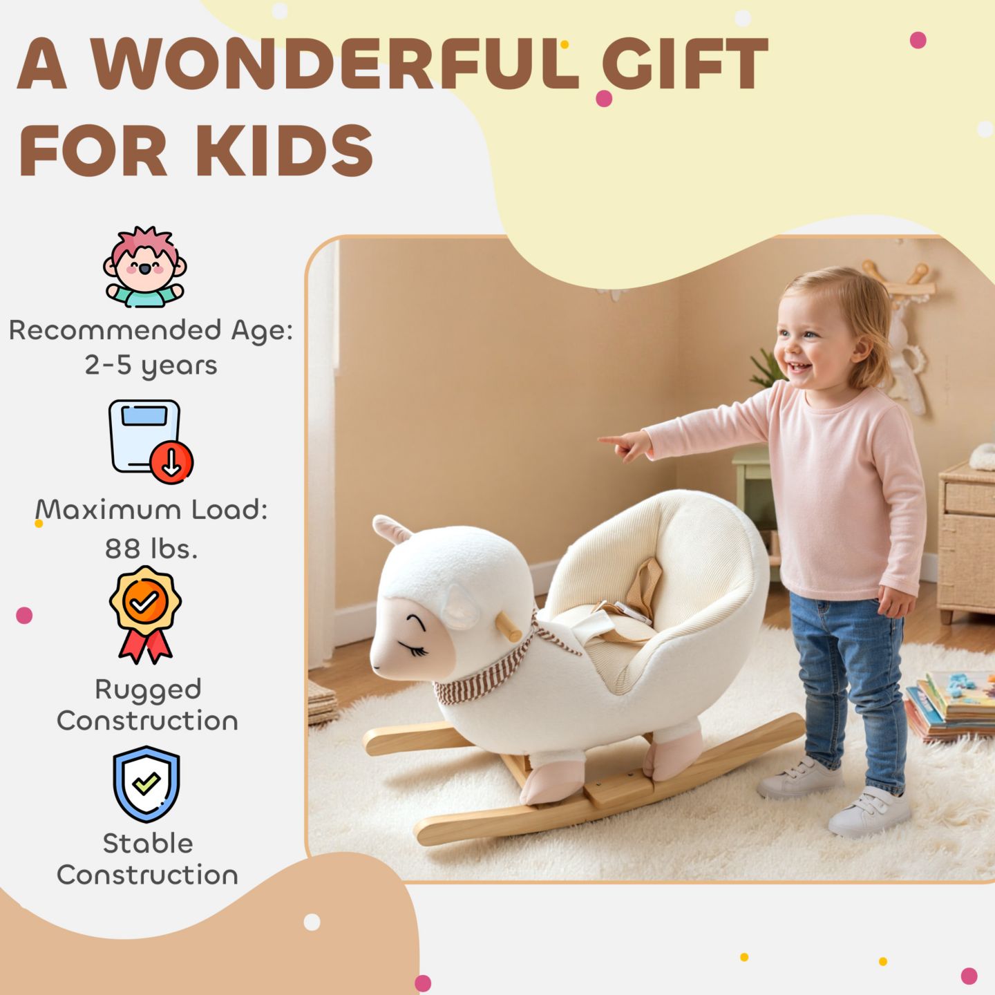 Детская мягкая игрушка Qaba Sheep Rocking Horse, Plush, Sound-Activated, 55 lbs Capacity, Ages 18-36 Months, цвет: Белый — фото 6