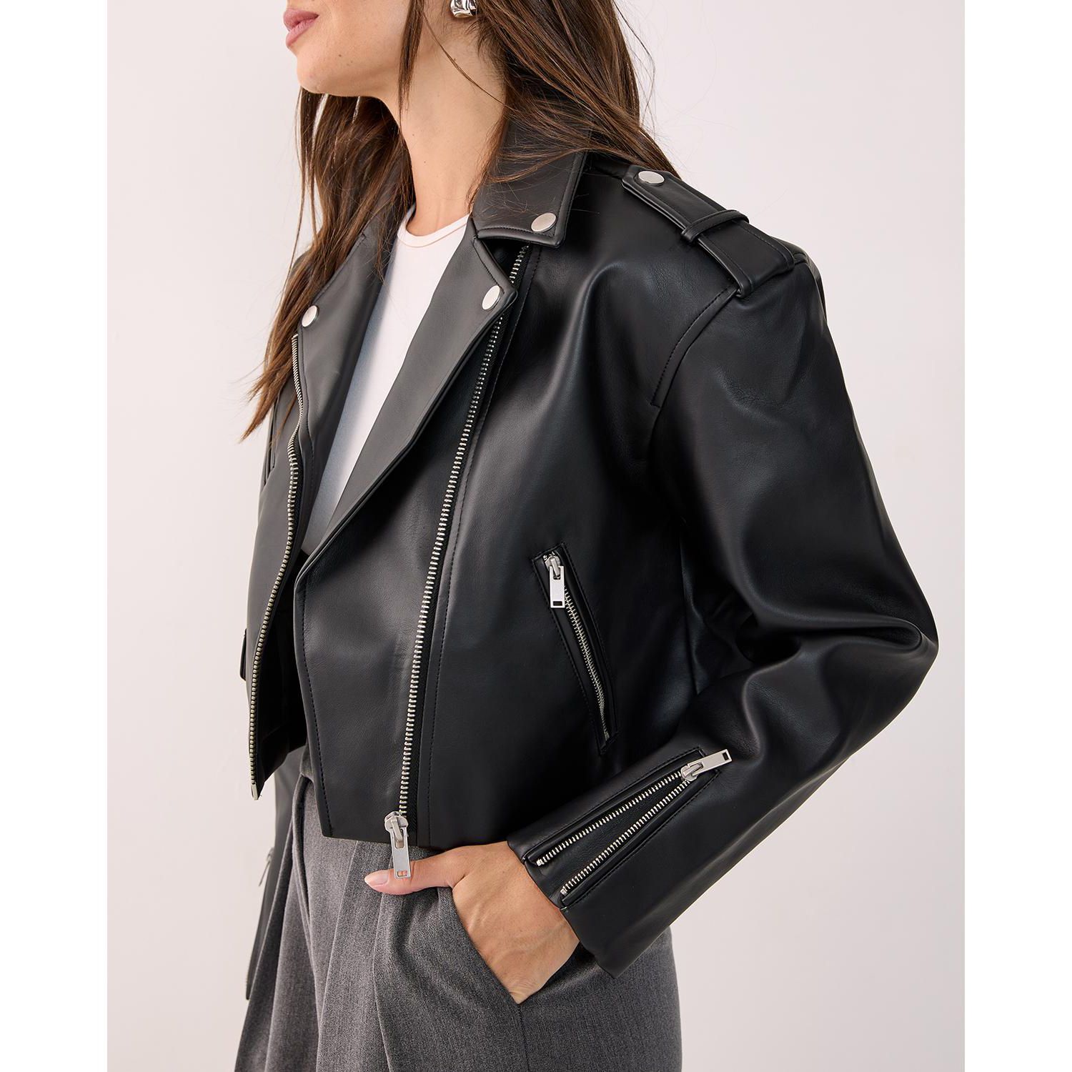 Women's Faux Leather Boxy Biker Jacket