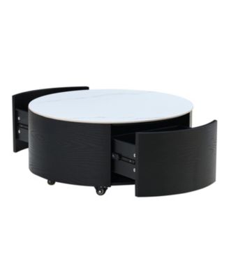 Streamdale Modern Round Coffee Table with Casters &amp; 2 Drawers Marble Top