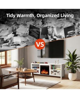 Electric Fireplace with Mantel & Cabinets, Realistic LED Flames & Remote Control, 5 Flame Brightness Levels, Overheat Protection