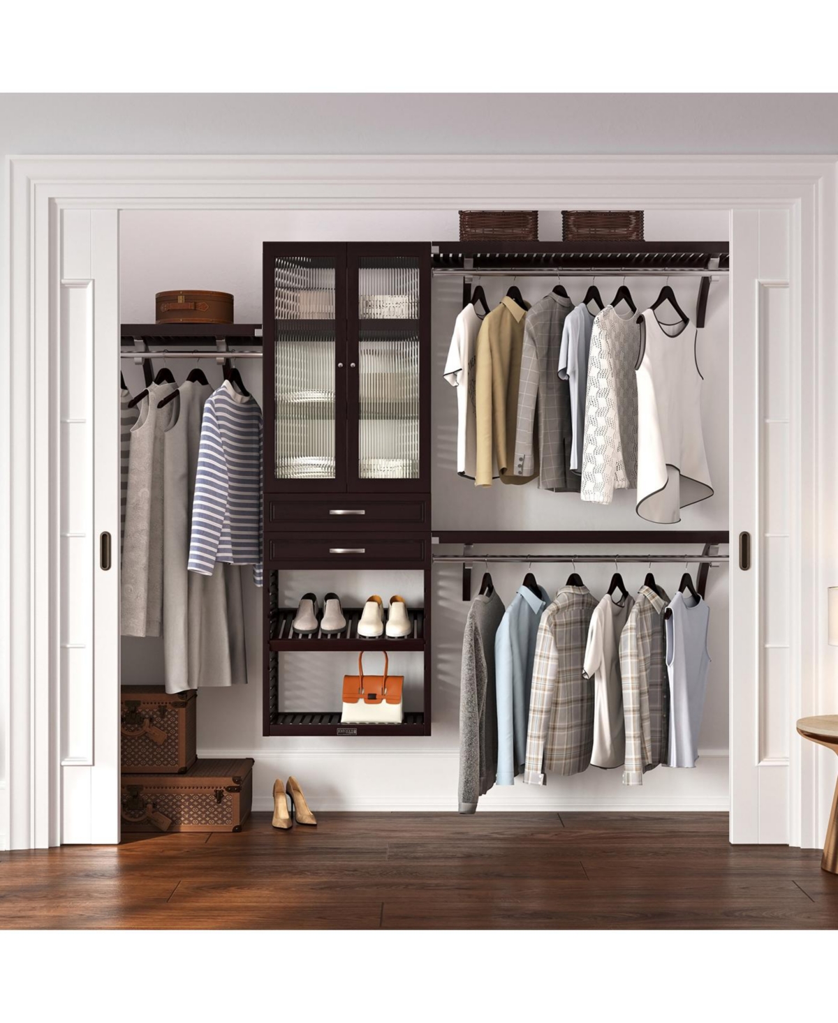 Solid Wood Walk-In Closet Organizer with 2 Drawers and Glass Doors