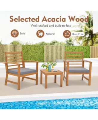 3PCS Furniture Set Acacia Wood Conversation Set w/ Soft Seat Cushions Outdoor Gray