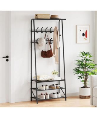 Coat Rack Shoe Bench with 10 Hooks,Entryway Bench with Storage, Multifunctional Hallway Organizer, Wood Look Accent Furniture with Metal Frame