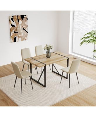 5-Piece Modern Dining Table Set, 55" Mid-Century Kitchen Table with Upholstered Chairs, Wood & Metal Dining Room Set for 4